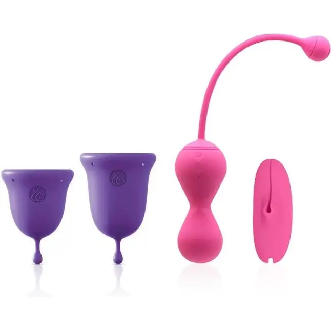 Подарочный набор: розовый тренажер Кегеля MAGIC KEGEL MASTER 2 и фиолетовые менструальные чаши