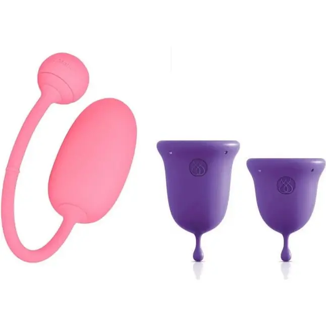 Подарочный набор: розовый тренажер Кегеля Magic Kegel Coach и фиолетовые менструальные чаши