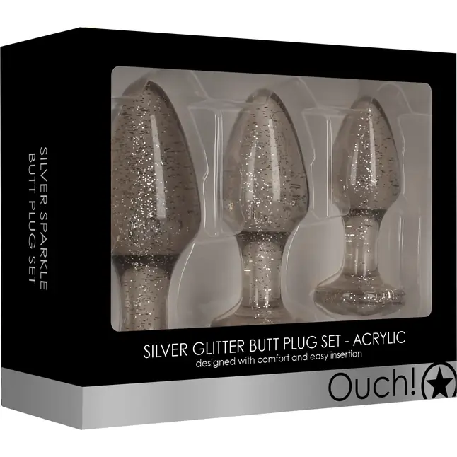 Набор из 3 серебристых анальных пробок Acrylic Goldchip Butt Plug Set - Ouch!. Фотография 5.