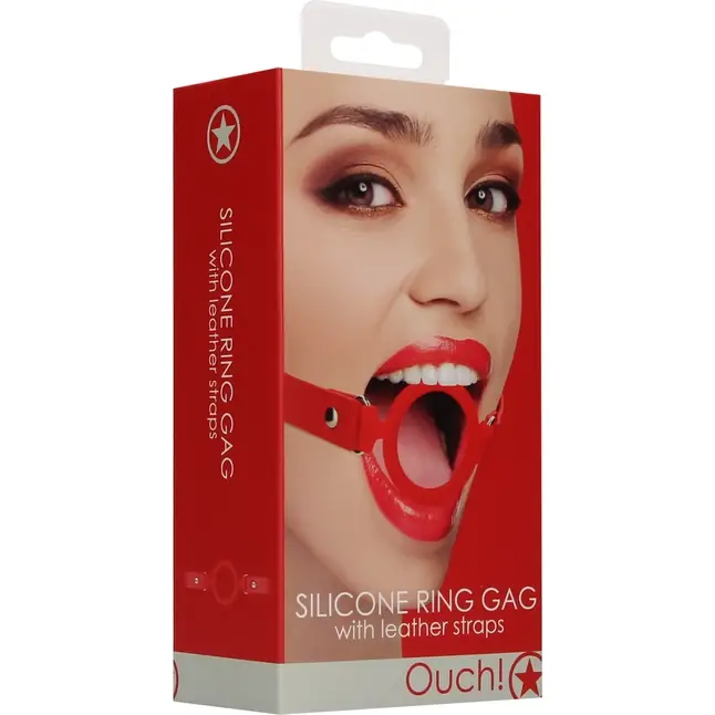 Красный кляп-кольцо с кожаными ремешками Silicone Ring Gag with Leather Straps - Ouch!. Фотография 4.