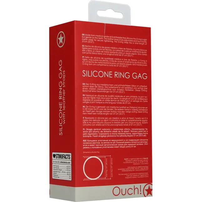 Красный кляп-кольцо с кожаными ремешками Silicone Ring Gag with Leather Straps - Ouch!. Фотография 5.