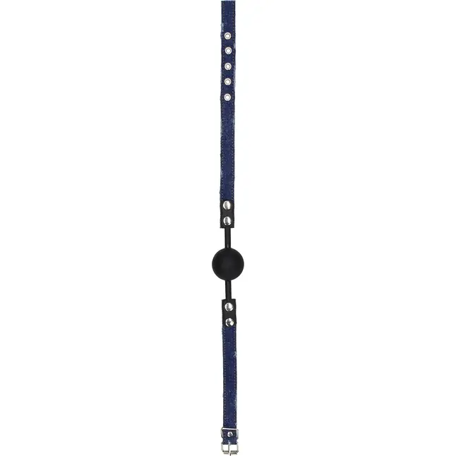 Черный кляп-шарик With Roughend Denim Straps с синими джинсовыми ремешками - Ouch!. Фотография 2.
