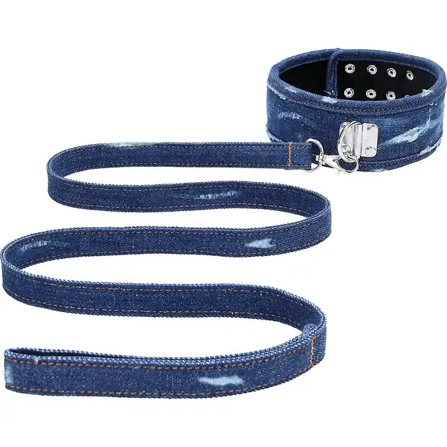 Синий джинсовый ошейник With Leash Roughend Denim Style - Ouch!