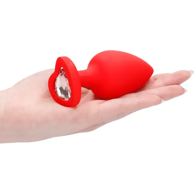 Красная анальная пробка с прозрачным стразом Extra Large Diamond Heart Butt Plug - 9,5 см - Ouch!. Фотография 4.