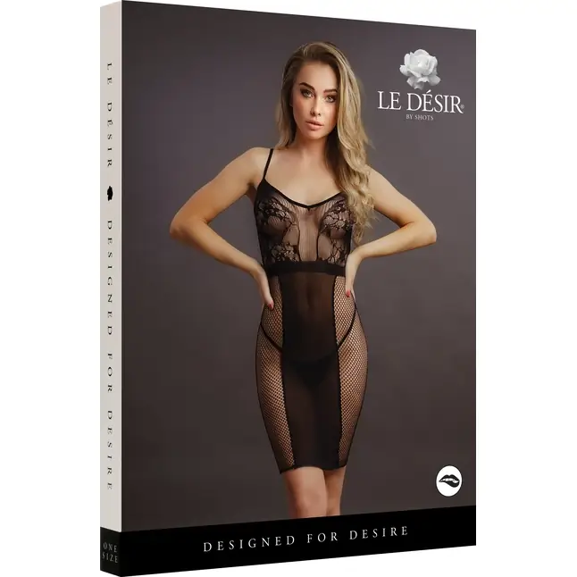 Эффектное мини-платье на бретельках Knee-Length Lace and Fishnet Dress - Le Desir. Фотография 5.