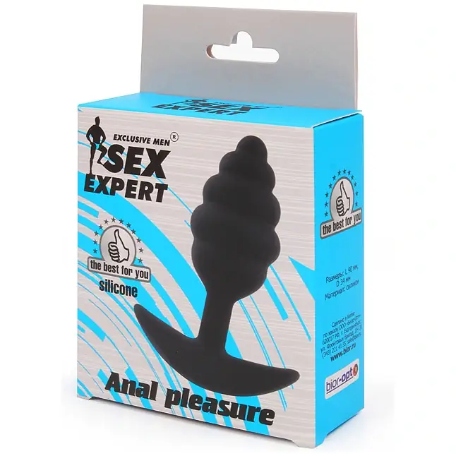 Черная ребристая анальная втулка с ограничителем - 9 см - SEX EXPERT. Фотография 3.