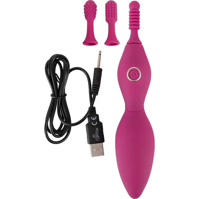 Ярко-розовый клиторальный вибратор с 3 насадками Spot Vibrator with 3 Tips - 17,9 см - Sweet Smile. Фотография 8.