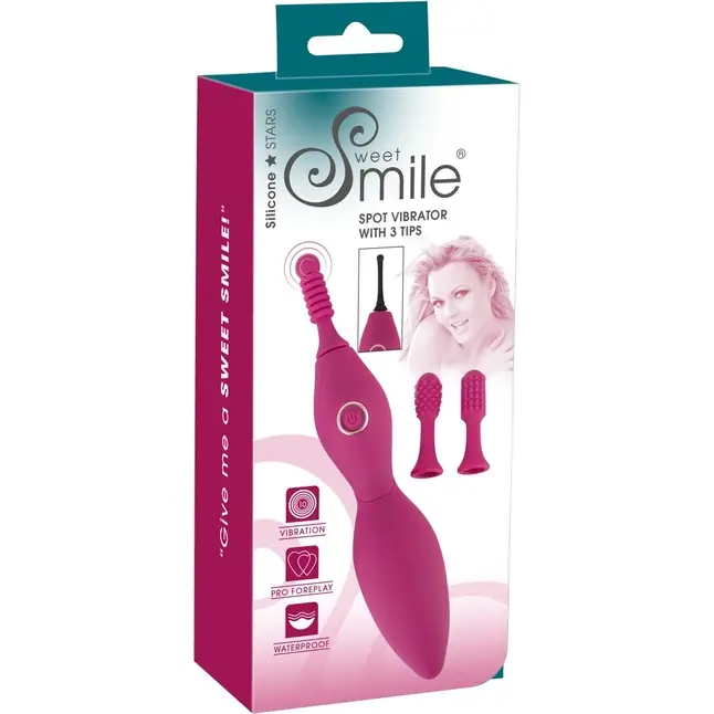 Ярко-розовый клиторальный вибратор с 3 насадками Spot Vibrator with 3 Tips - 17,9 см - Sweet Smile. Фотография 10.
