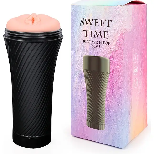 Телесный мастурбатор-вагина Sweet Time в черной колбе. Фотография 2.