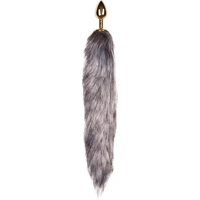 Золотистая анальная пробка с серым пушистым хвостом Fox Tail Plug - Fetish Collection. Фотография 2.