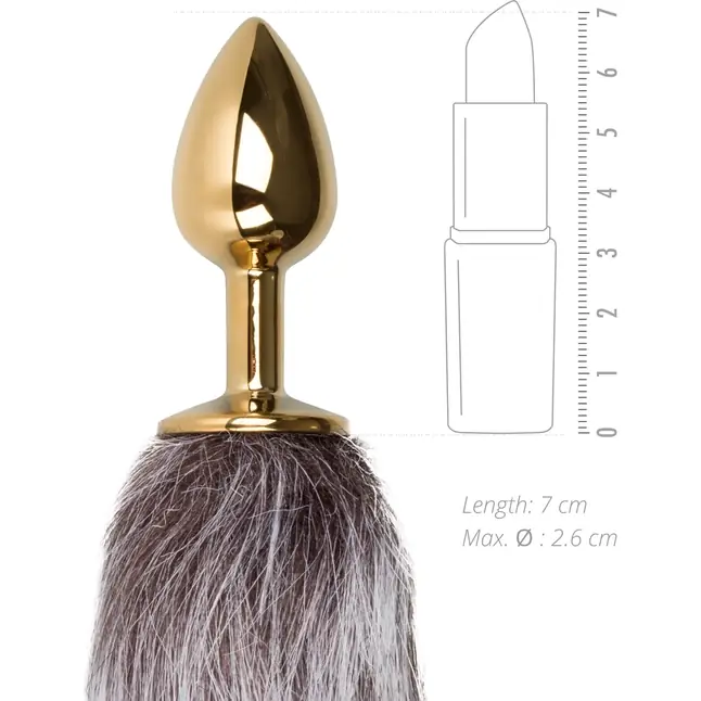 Золотистая анальная пробка с серым пушистым хвостом Fox Tail Plug - Fetish Collection. Фотография 3.