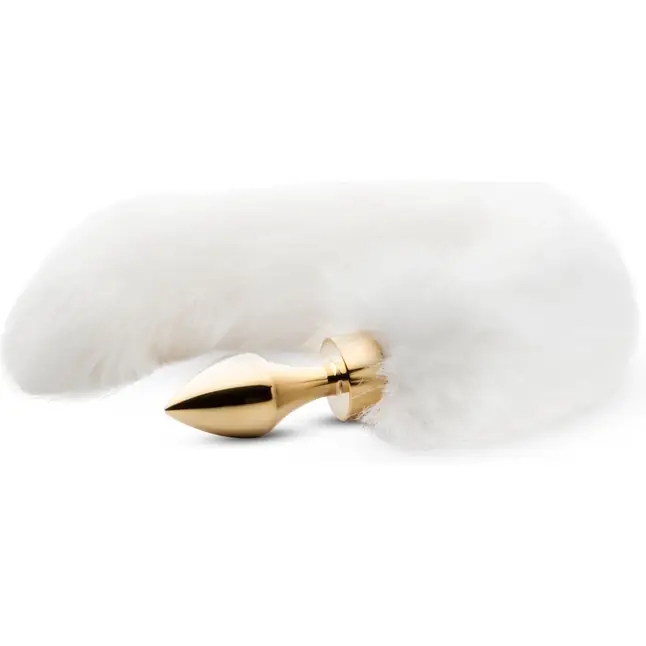 Золотистая анальная пробка с белым пушистым хвостом Fox Tail Plug - Fetish Collection