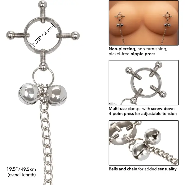 Металлические зажимы для сосков на цепочке Nipple Grips 4-Point Nipple Press with Bells - Nipple Play. Фотография 4.