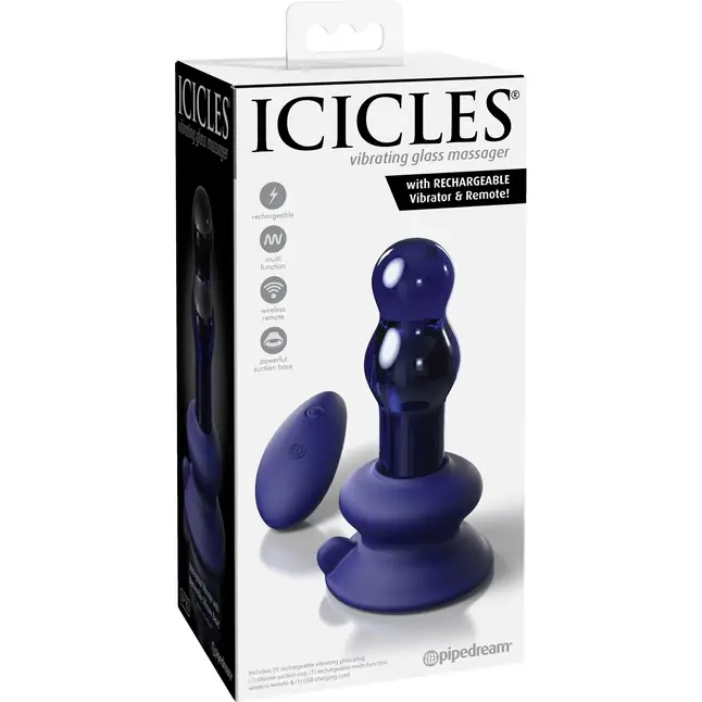 Синий стеклянный вибростимулятор с пультом ДУ и присоской - 10,6 см - Icicles. Фотография 5.