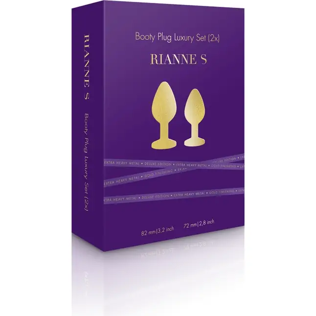 Набор из 2 золотистых анальных пробок с фиолетовыми кристаллами Booty Plug Original Luxury Set. Фотография 5.