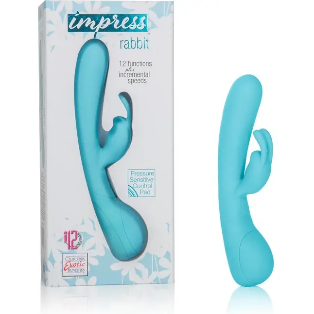 Голубой вибромассажер Impress Rabbit со стимуляцией клитора - 18 см - Impress