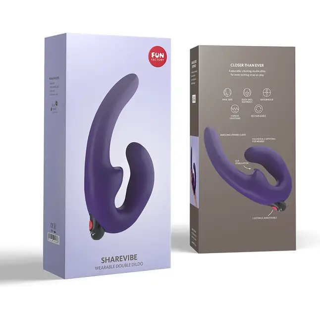 Фиолетовый безремневой страпон с вибрацией Sharevibe. Фотография 7.