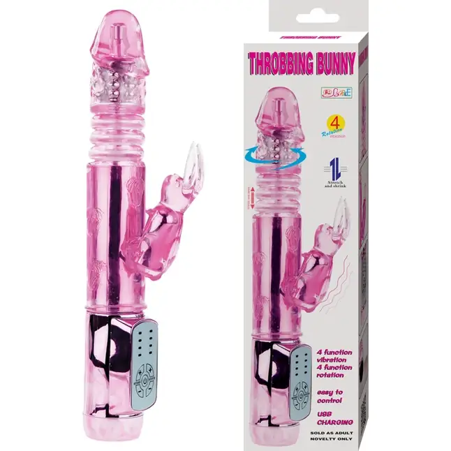 Розовый вибратор-зайчик Throbbing Bunny с ротацией головки и возвратно-поступательным движением - 24,5 см