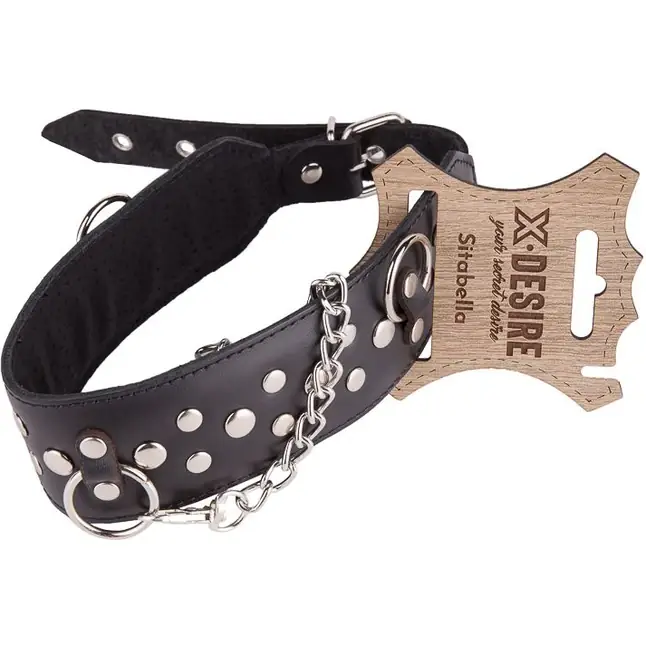 Чёрный кожаный ошейник с карабином и поводком - BDSM accessories. Фотография 2.