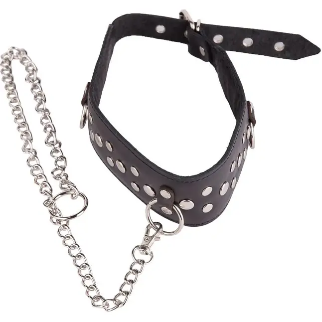 Чёрный кожаный ошейник с карабином и поводком - BDSM accessories. Фотография 3.