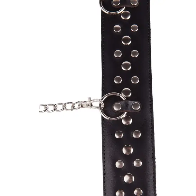 Чёрный кожаный ошейник с карабином и поводком - BDSM accessories. Фотография 4.
