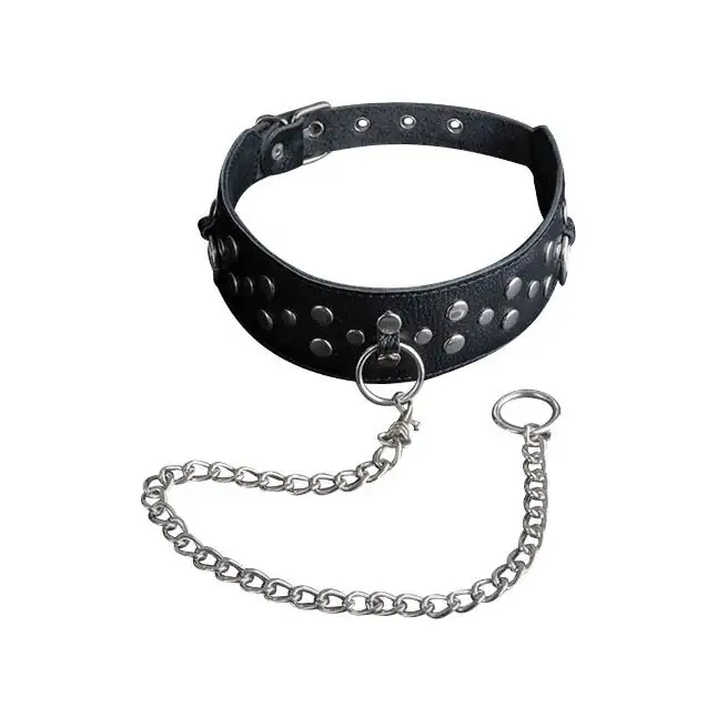 Чёрный кожаный ошейник с карабином и поводком - BDSM accessories