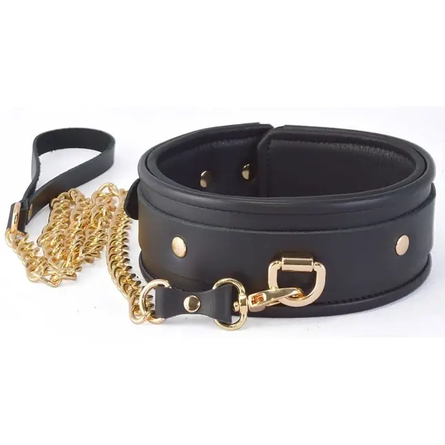 Черный ошейник с золотистым поводком - BDSM accessories