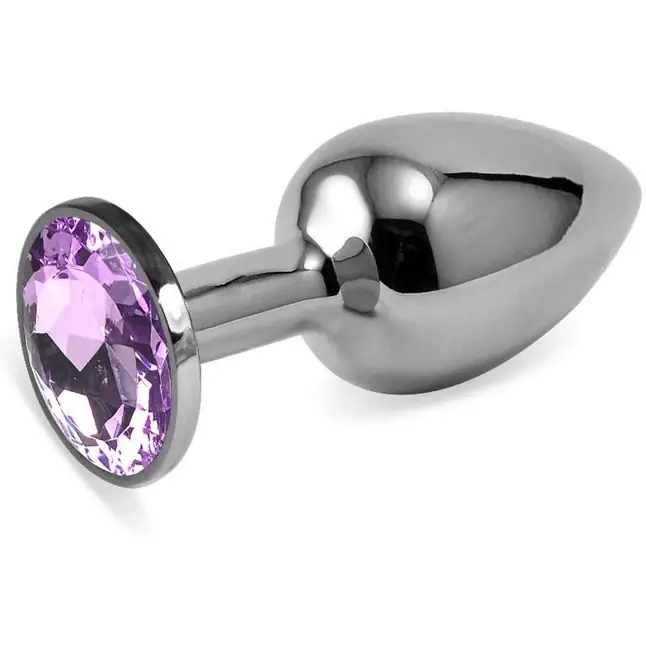 Серебристая гладкая анальная пробка с сиреневым кристаллом - 7,5 см