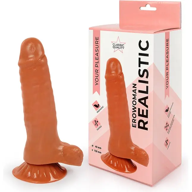 Гладкий фаллоимитатор-реалистик с мошонкой - 18,5 см - EROWOMAN REALISTIC
