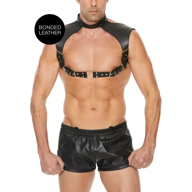 Черная мужская портупея Men Harness With Neck Collar - Ouch!
