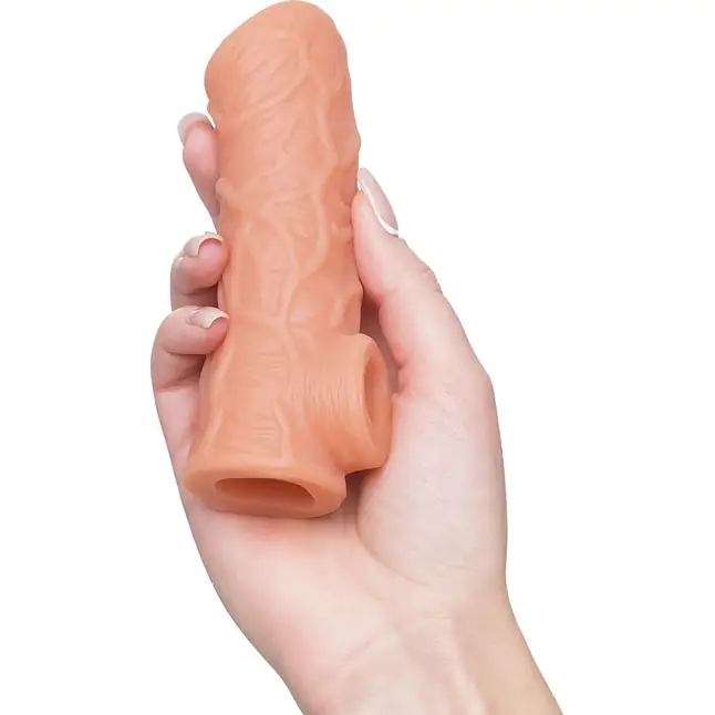 Телесная открытая насадка-реалистик с подхватом мошонки Nude Sleeve L - 14 см. Фотография 2.