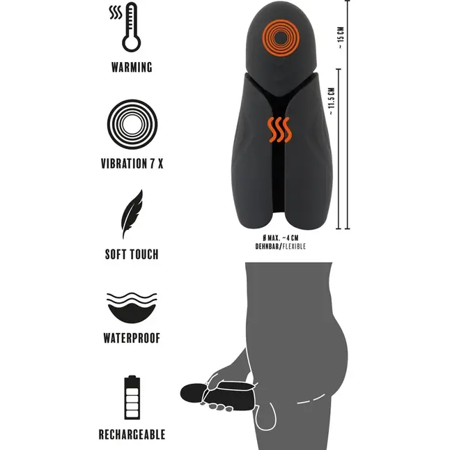 Черный силиконовый вибромастурбатор с нагревом Masturbator with 2 Functions - You2Toys. Фотография 9.