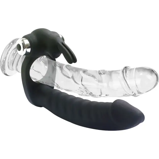 Черная вибронасадка Double Penetration Real с клиторальным зайчиком. Фотография 5.