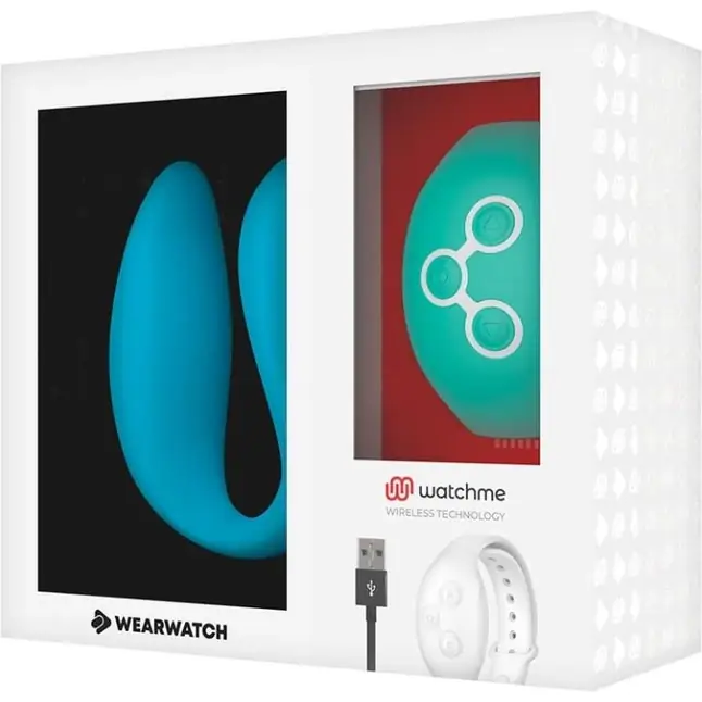 Голубой вибратор для пар с зеленым пультом-часами Weatwatch Dual Pleasure Vibe. Фотография 3.