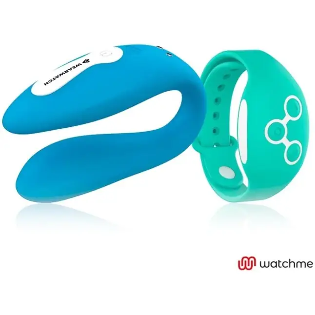 Голубой вибратор для пар с зеленым пультом-часами Weatwatch Dual Pleasure Vibe