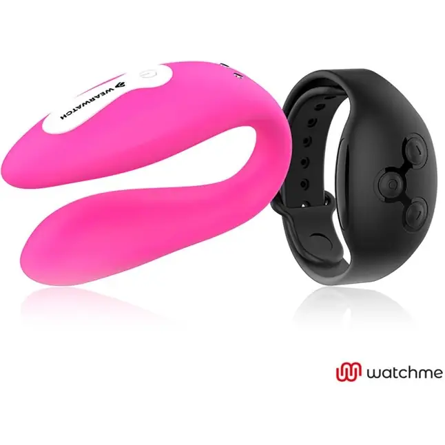 Розовый вибратор для пар с черным пультом-часами Weatwatch Dual Pleasure Vibe