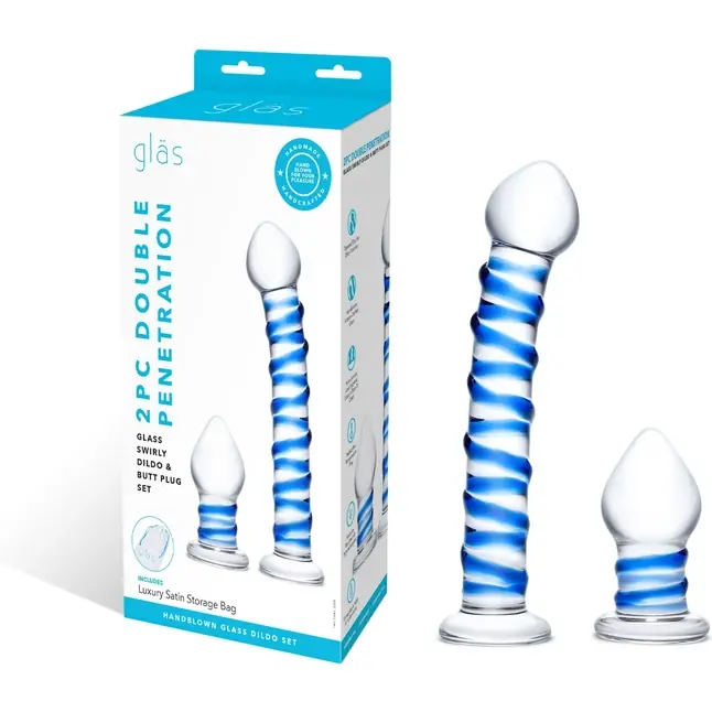 Набор из 2 стеклянных игрушек с синей спиралью Swirly Dildo Buttplug Set. Фотография 5.