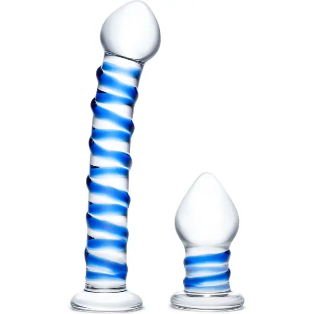 Набор из 2 стеклянных игрушек с синей спиралью Swirly Dildo Buttplug Set