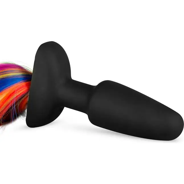 Черная анальная пробка с радужным хвостом Butt Plug With Tail - Fetish Collection. Фотография 2.