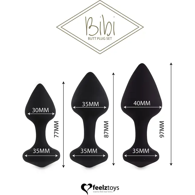 Набор из 3 черных анальных пробок Bibi Butt Plug Set. Фотография 2.