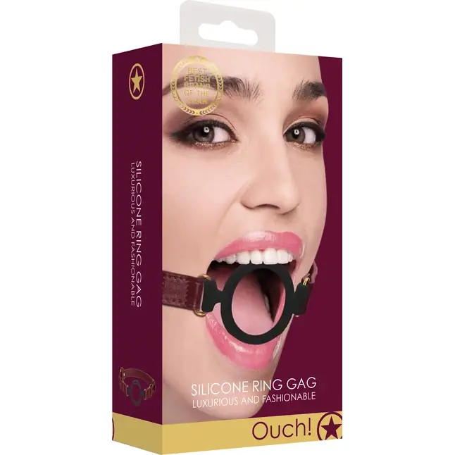 Кляп-кольцо на бордовых ремешках Silicone Ring Gag - Ouch!. Фотография 4.