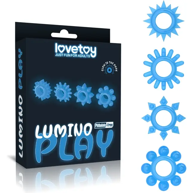 Набор из 4 голубых, светящихся в темноте эрекционных колец Lumino Play. Фотография 3.