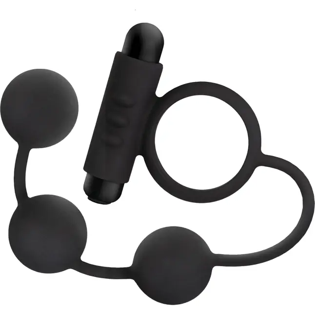 Черная анальная цепочка с эрекционным виброкольцом Silicone Anal Beads with Vibrating C-Ring - Anal Adventures Platinum. Фотография 3.