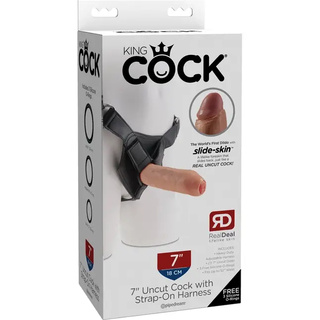 Страпон с телесной насадкой 7 Uncut with Strap on Harness - 18 см - King Cock. Фотография 2.