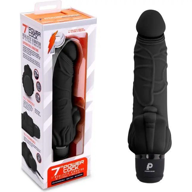 Черный вибратор-реалистик с клиторальными лепестками 7 Realistic Vibrator - 21,5 см