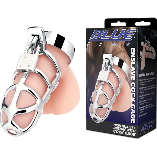 Серебристая металлическая клетка для члена с замком Enslave Cock Cage. Фотография 2.