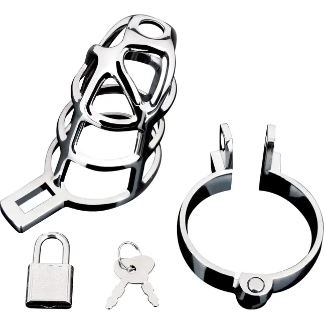 Серебристая металлическая клетка для члена с замком Enslave Cock Cage. Фотография 4.