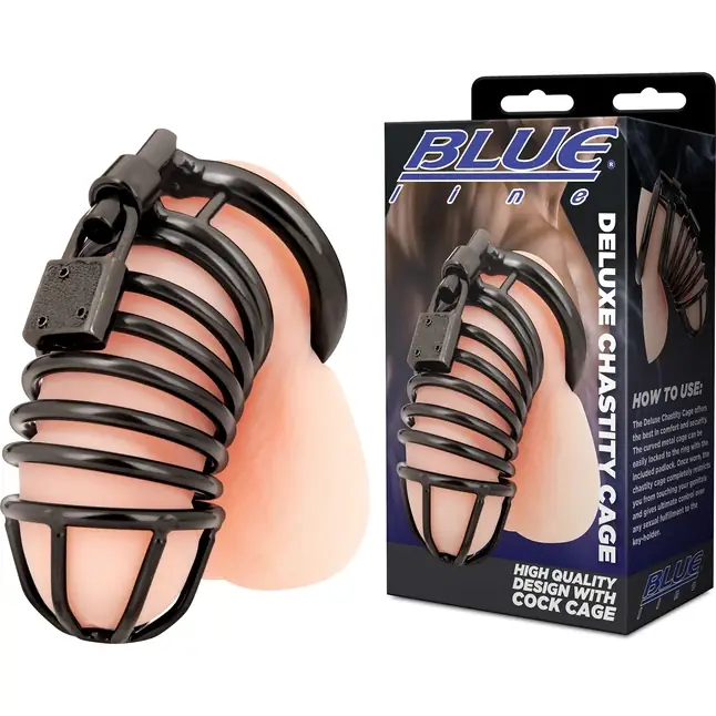 Черная металлическая клетка с замком Deluxe Chastity Cage. Фотография 2.
