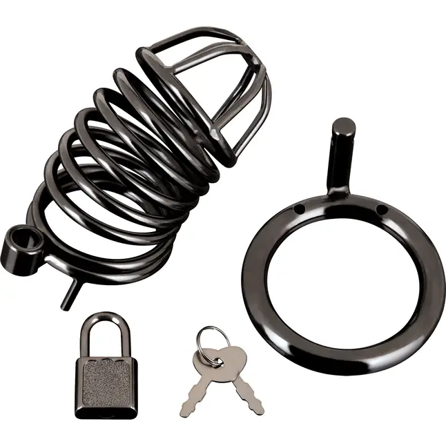 Черная металлическая клетка с замком Deluxe Chastity Cage. Фотография 4.