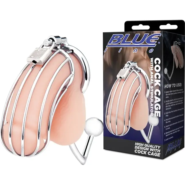 Серебристая металлическая клетка с анальным стимулятором Cock Cage. Фотография 2.